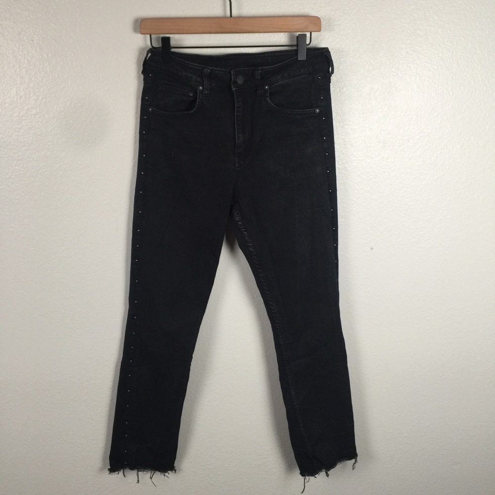 H&M &DENIM BLACK SLIM ANKLE HIGH WAISTED STUDDED JEANS WITH RAW HEM SZ 30